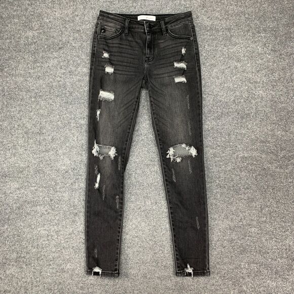 KanCan Cora Jean Womens 3/25 Light Gray Mid Rise Distressed Ripped Super Skinny - Picture 2 of 15